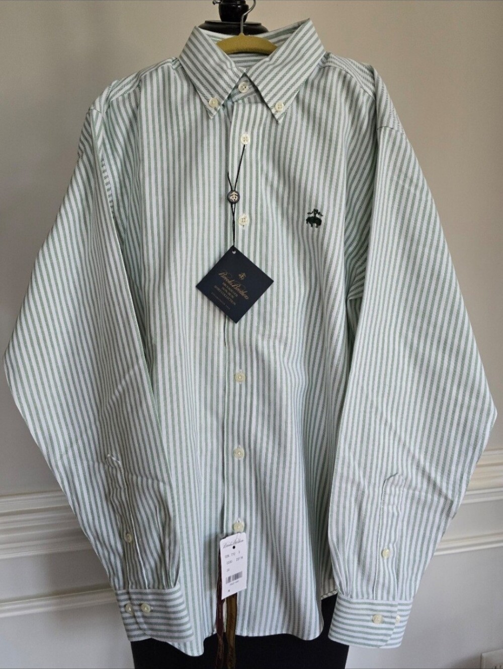 Brooks Brothers Boy's Oxford Button Down Shirt Green White Stripes Size M